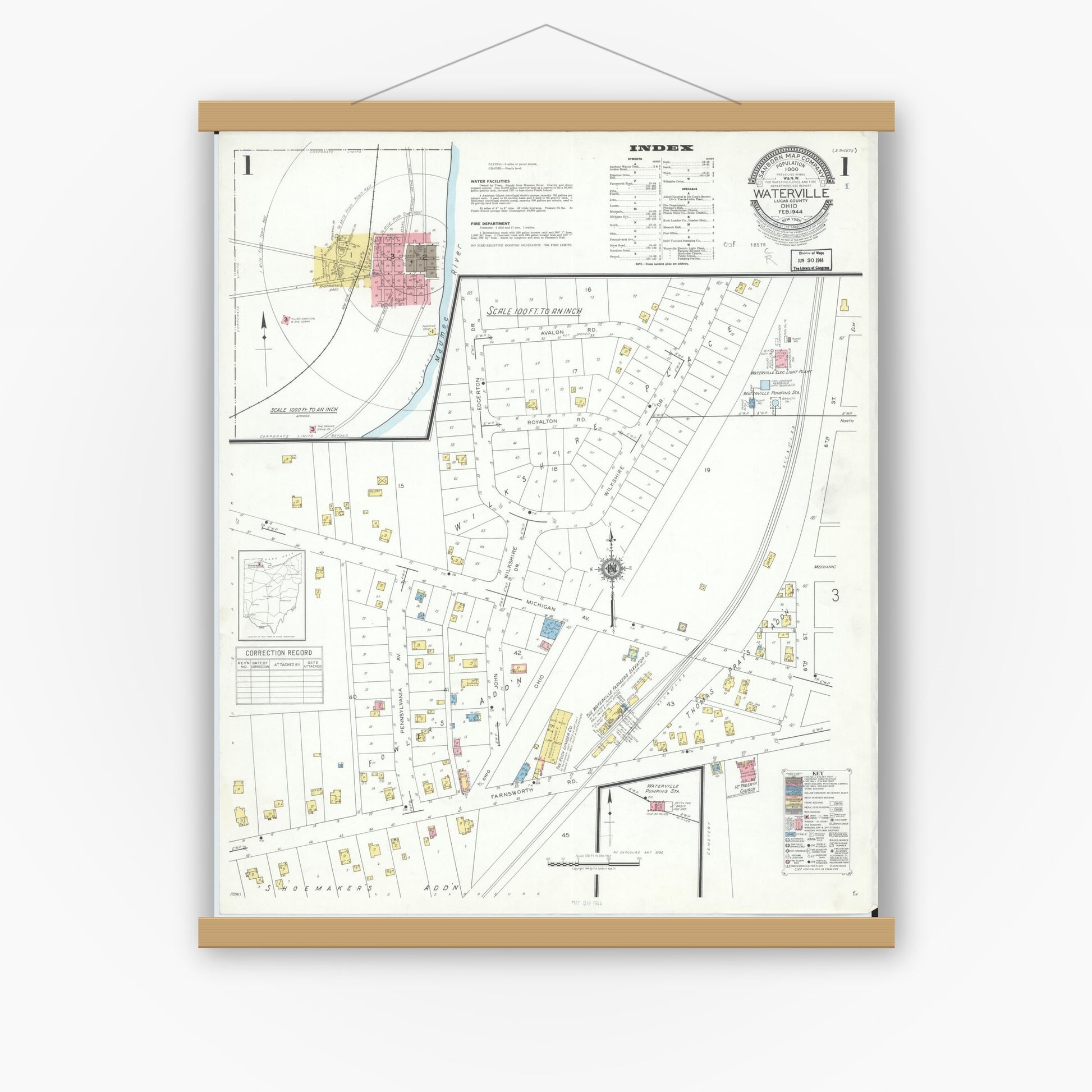 Old map wall art mockup — magnetic wood frame on white wall — Sanborn Fire Insurance Map from Waterville, Lucas County, Ohio (1944), Sheet #0001
