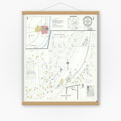 Old map wall art mockup — magnetic wood frame on white wall — Sanborn Fire Insurance Map from Waterville, Lucas County, Ohio (1944), Sheet #0001