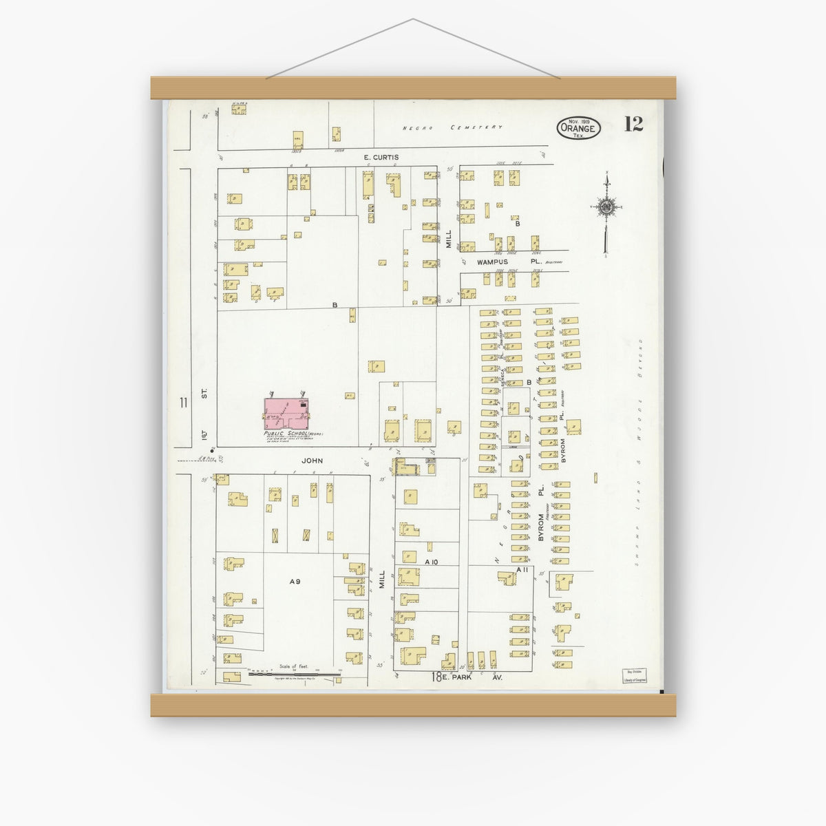 Old map wall art mockup — magnetic wood frame on white wall — Sanborn Fire Insurance Map from Orange, Orange County, Texas (1919), Sheet #0012