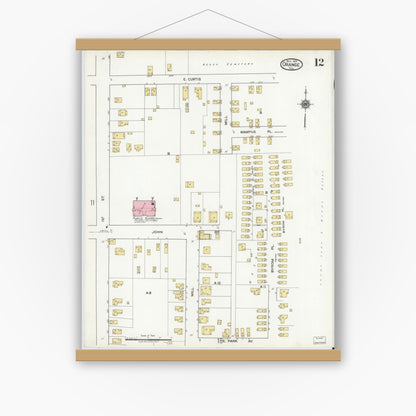 Old map wall art mockup — magnetic wood frame on white wall — Sanborn Fire Insurance Map from Orange, Orange County, Texas (1919), Sheet #0012