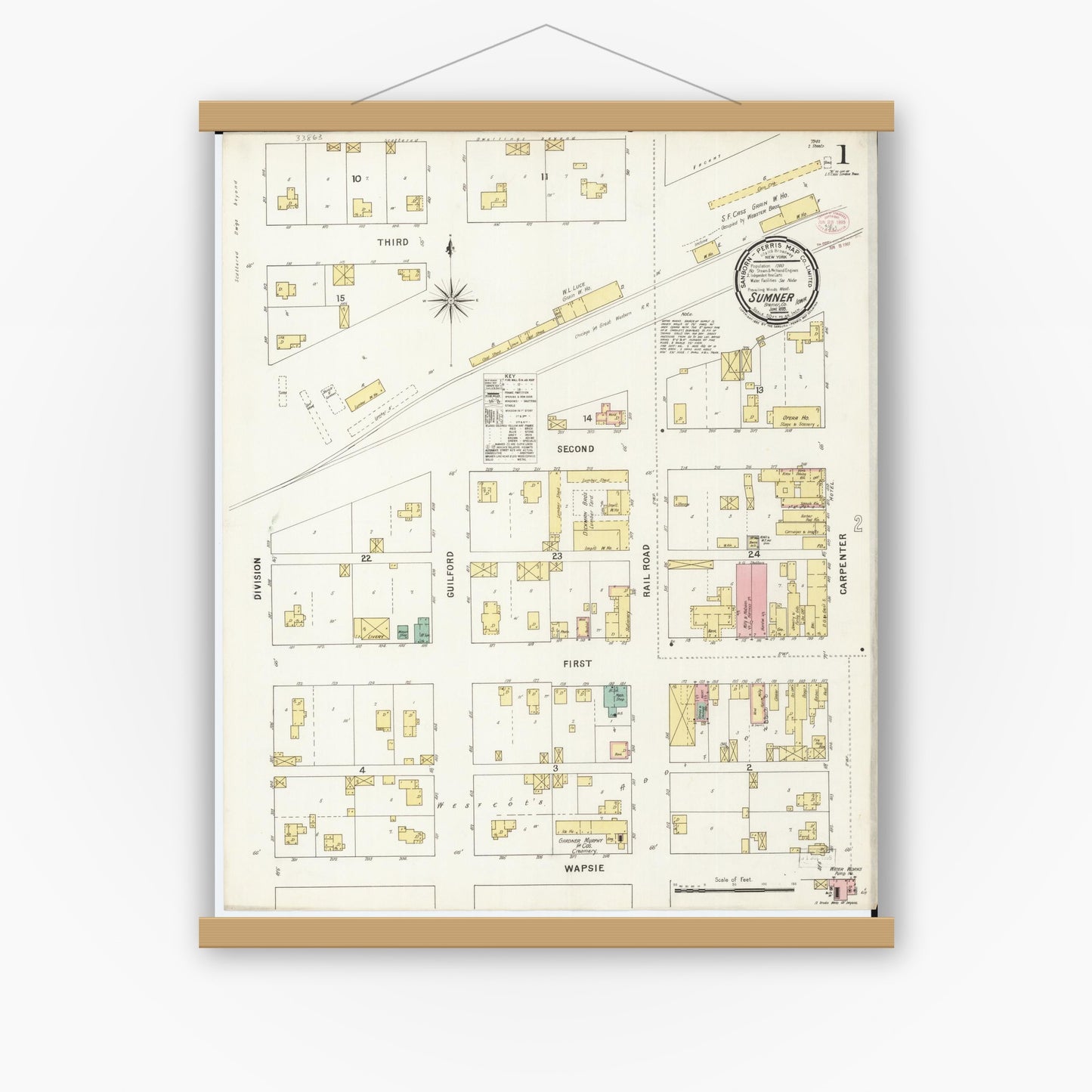 Old map wall art mockup — magnetic wood frame on white wall — Sanborn Fire Insurance Map from Sumner, Bremer County, Iowa (1895), Sheet #0001