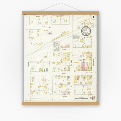Old map wall art mockup — magnetic wood frame on white wall — Sanborn Fire Insurance Map from Sumner, Bremer County, Iowa (1895), Sheet #0001