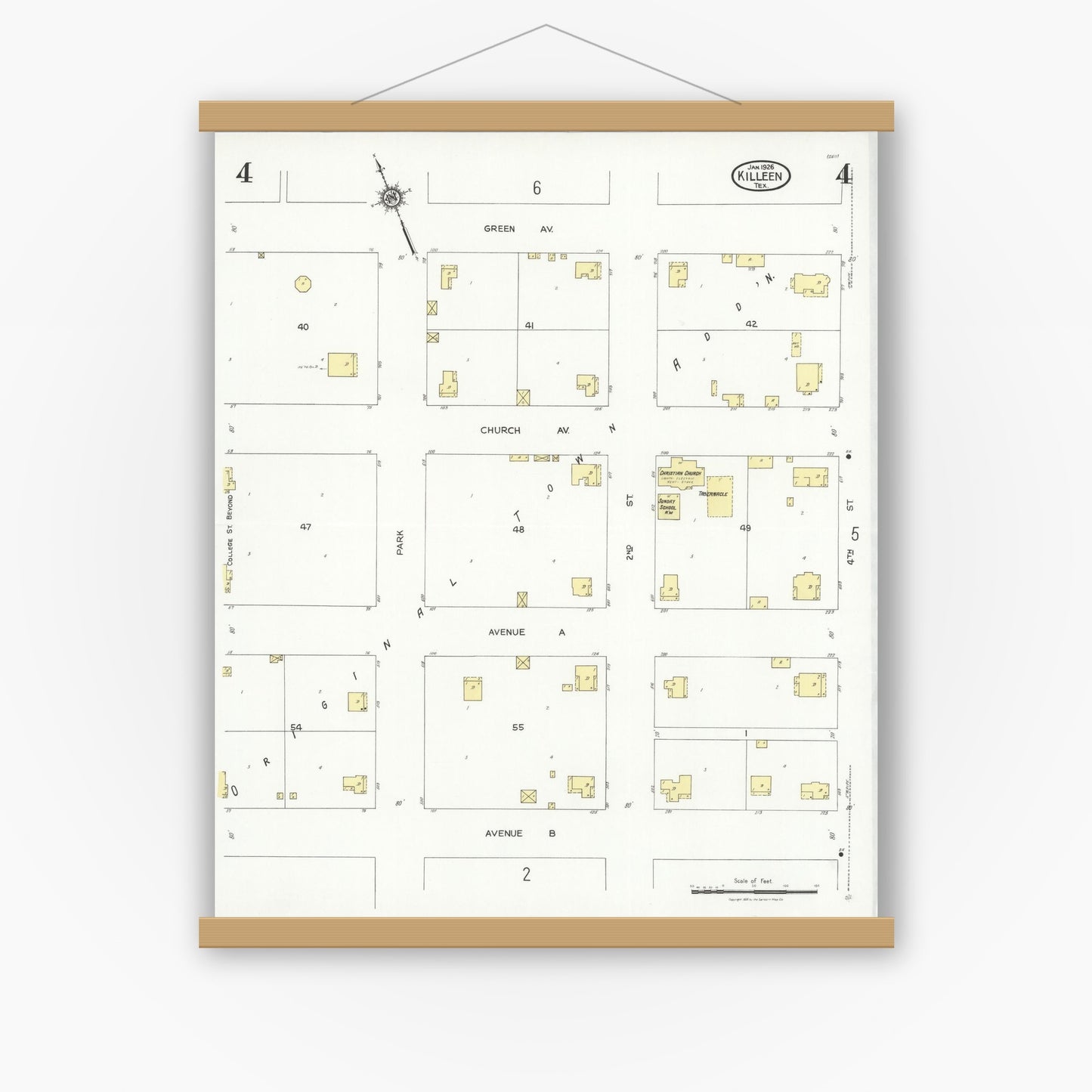 Old map wall art mockup — magnetic wood frame on white wall — Sanborn Fire Insurance Map from Killeen, Bell County, Texas (1926), Sheet #0004