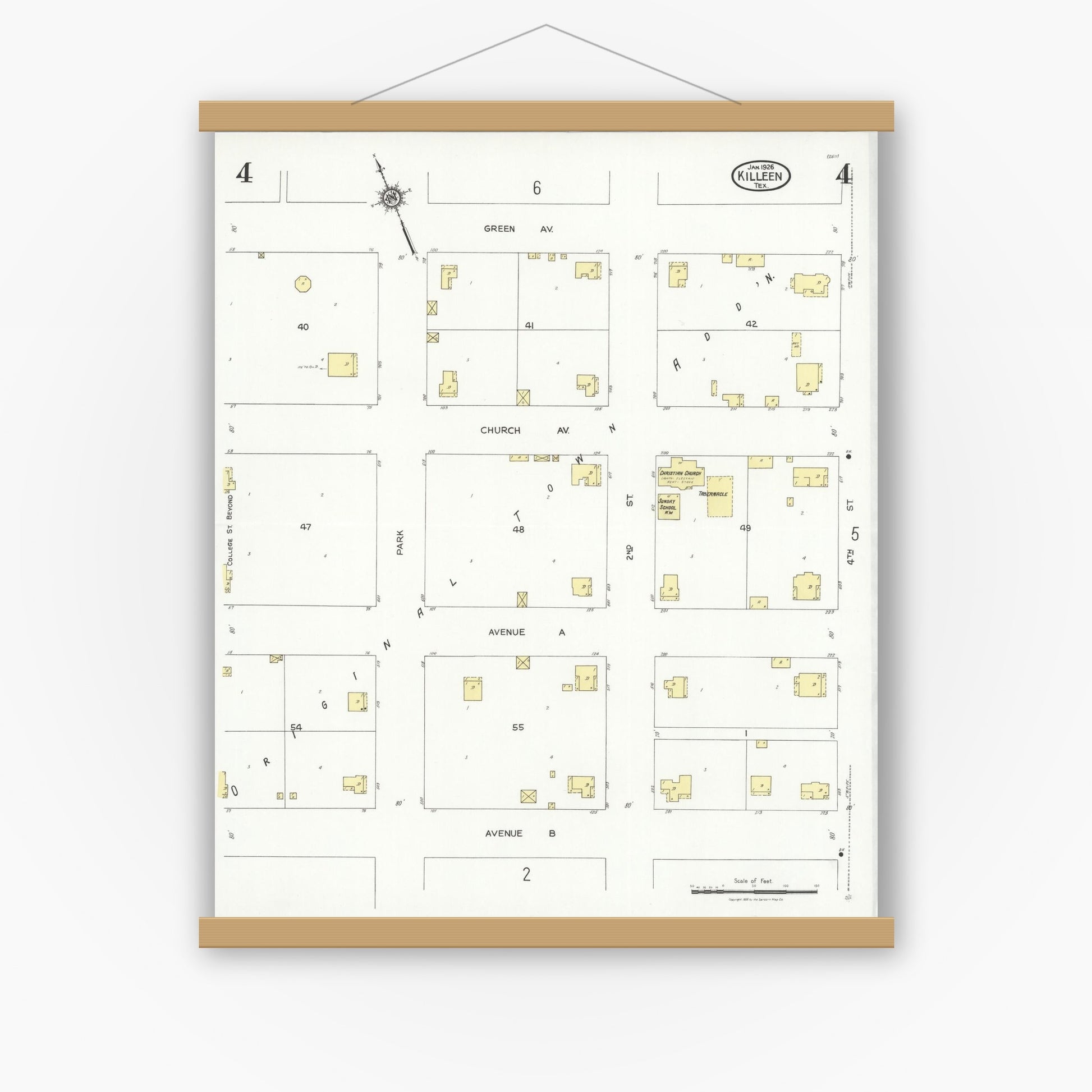 Old map wall art mockup — magnetic wood frame on white wall — Sanborn Fire Insurance Map from Killeen, Bell County, Texas (1926), Sheet #0004