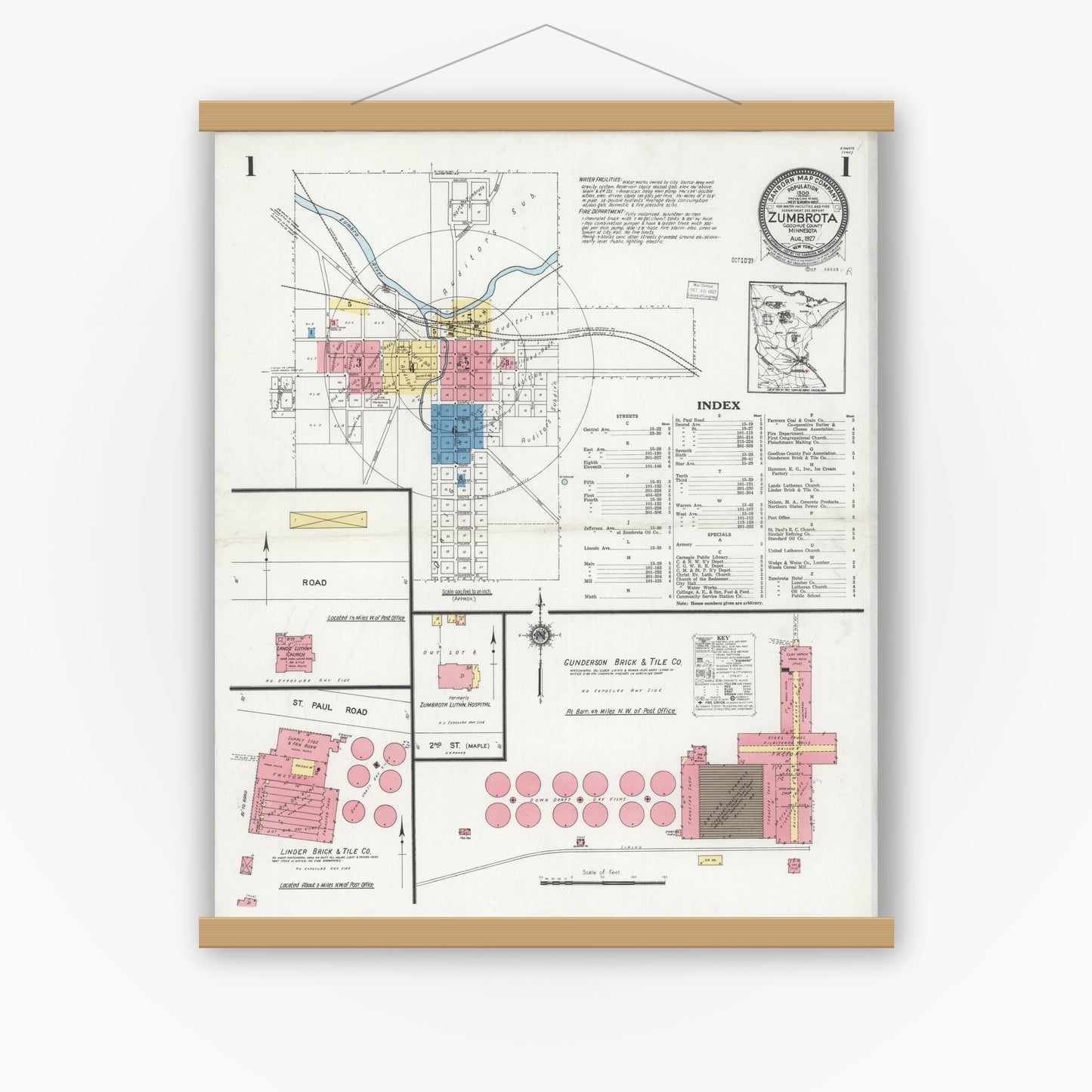 Old map wall art mockup — magnetic wood frame on white wall — Sanborn Fire Insurance Map from Zumbrota, Goodhue County, Minnesota (1927) - Complete Map Set