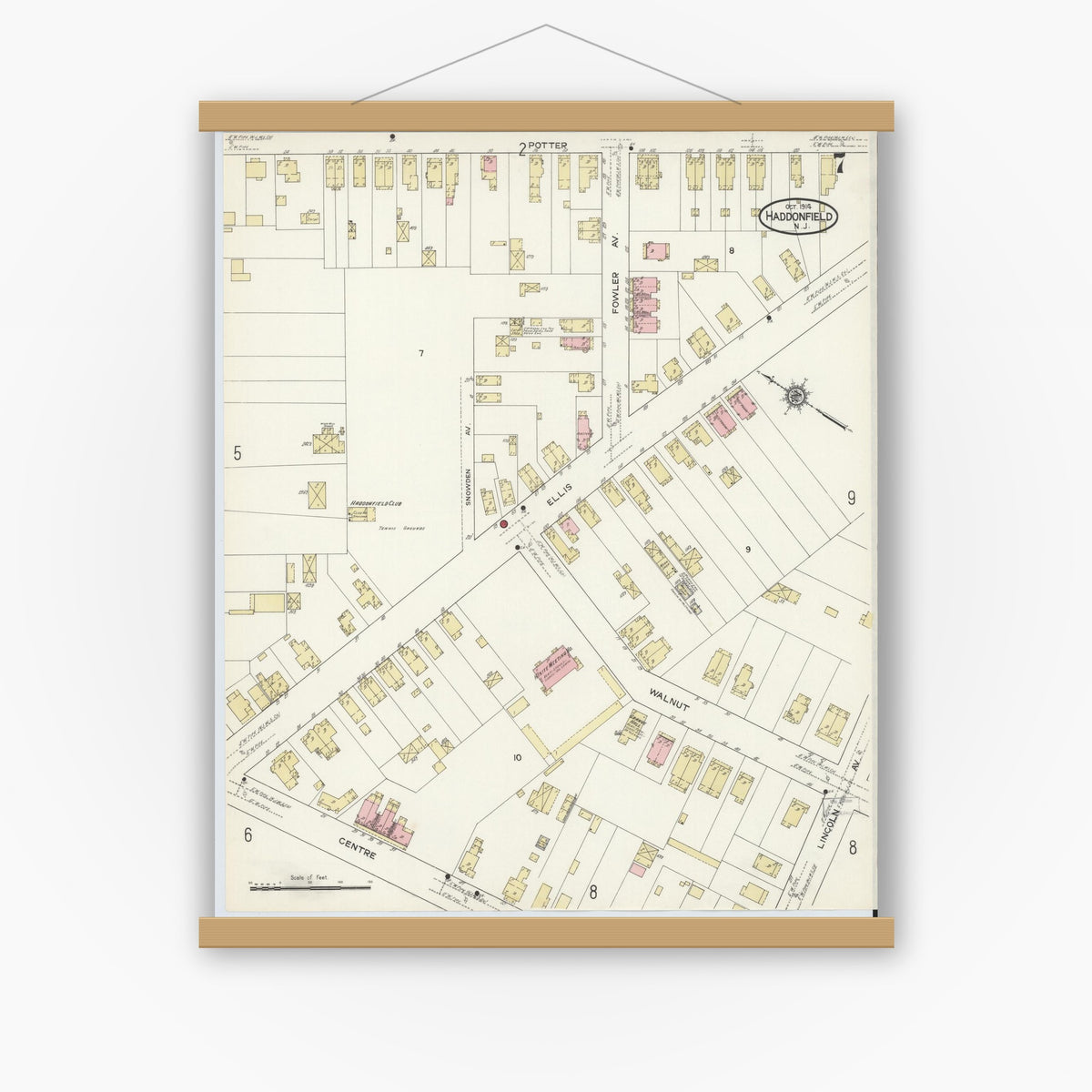 Old map wall art mockup — magnetic wood frame on white wall — Sanborn Fire Insurance Map from Haddonfield, Camden County, New Jersey (1914), Sheet #0007
