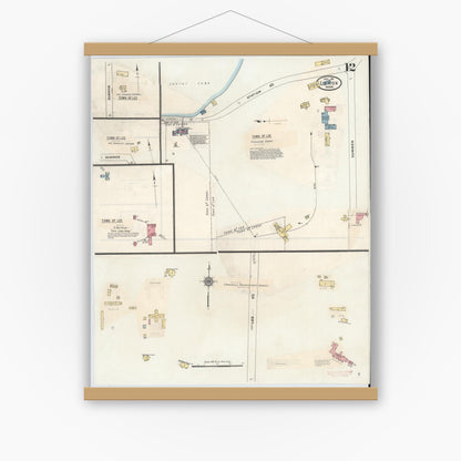 Old map wall art mockup — magnetic wood frame on white wall — Sanborn Fire Insurance Map from Lenox, Berkshire County, Massachusetts (1939), Sheet #0012