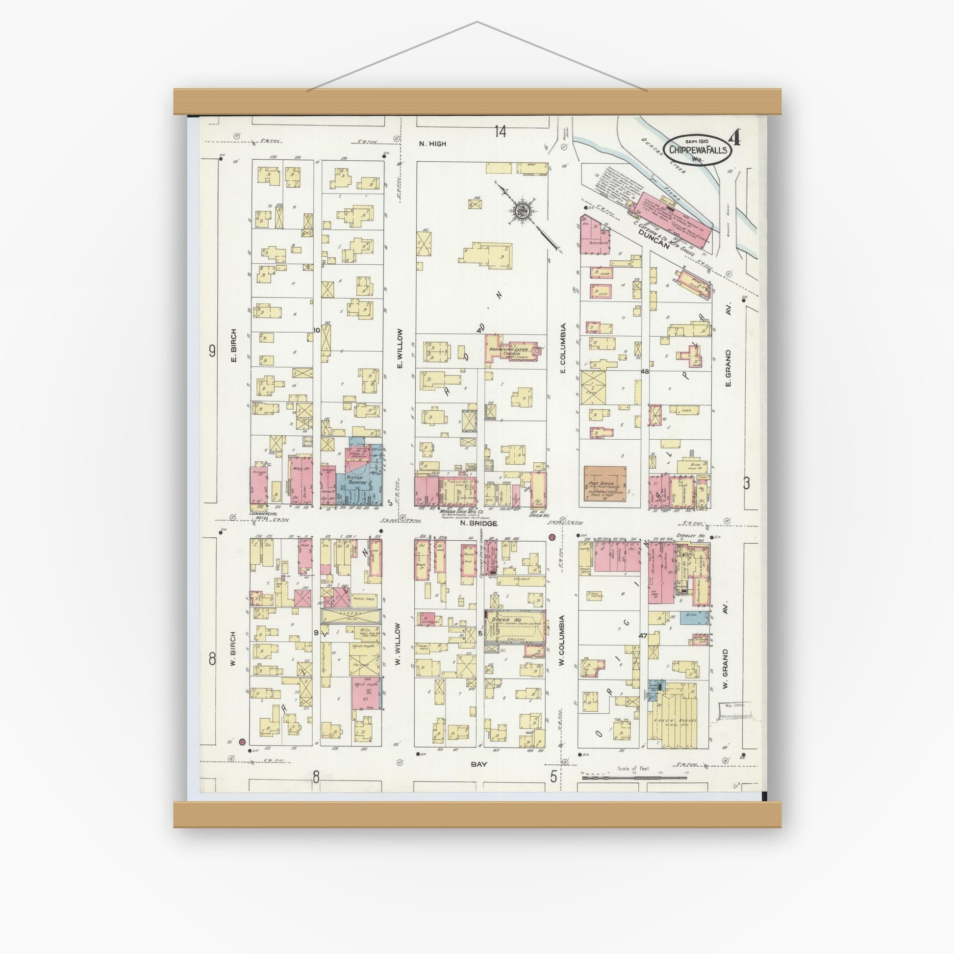 Old map wall art mockup — magnetic wood frame on white wall — Sanborn Fire Insurance Map from Chippewa Falls, Chippewa County, Wisconsin (1910), Sheet #0004