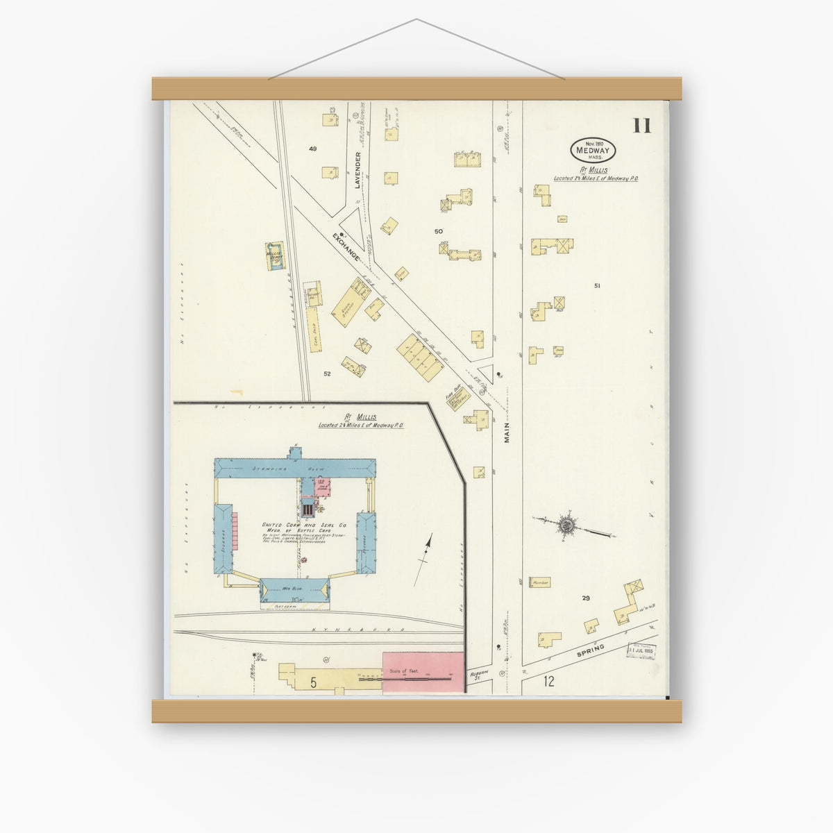 Old map wall art mockup — magnetic wood frame on white wall — Sanborn Fire Insurance Map from Medway, Norfolk County, Massachusetts (1910), Sheet #0011