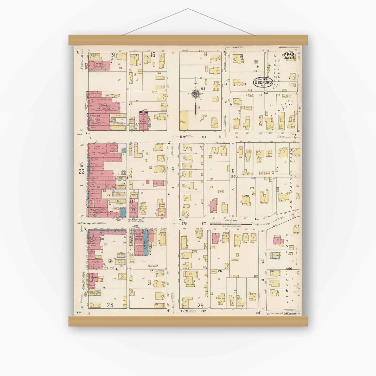 Old map wall art mockup — magnetic wood frame on white wall — Sanborn Fire Insurance Map from Bedford, Lawrence County, Indiana (1922), Sheet #0023