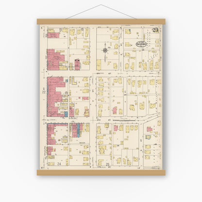 Old map wall art mockup — magnetic wood frame on white wall — Sanborn Fire Insurance Map from Bedford, Lawrence County, Indiana (1922), Sheet #0023