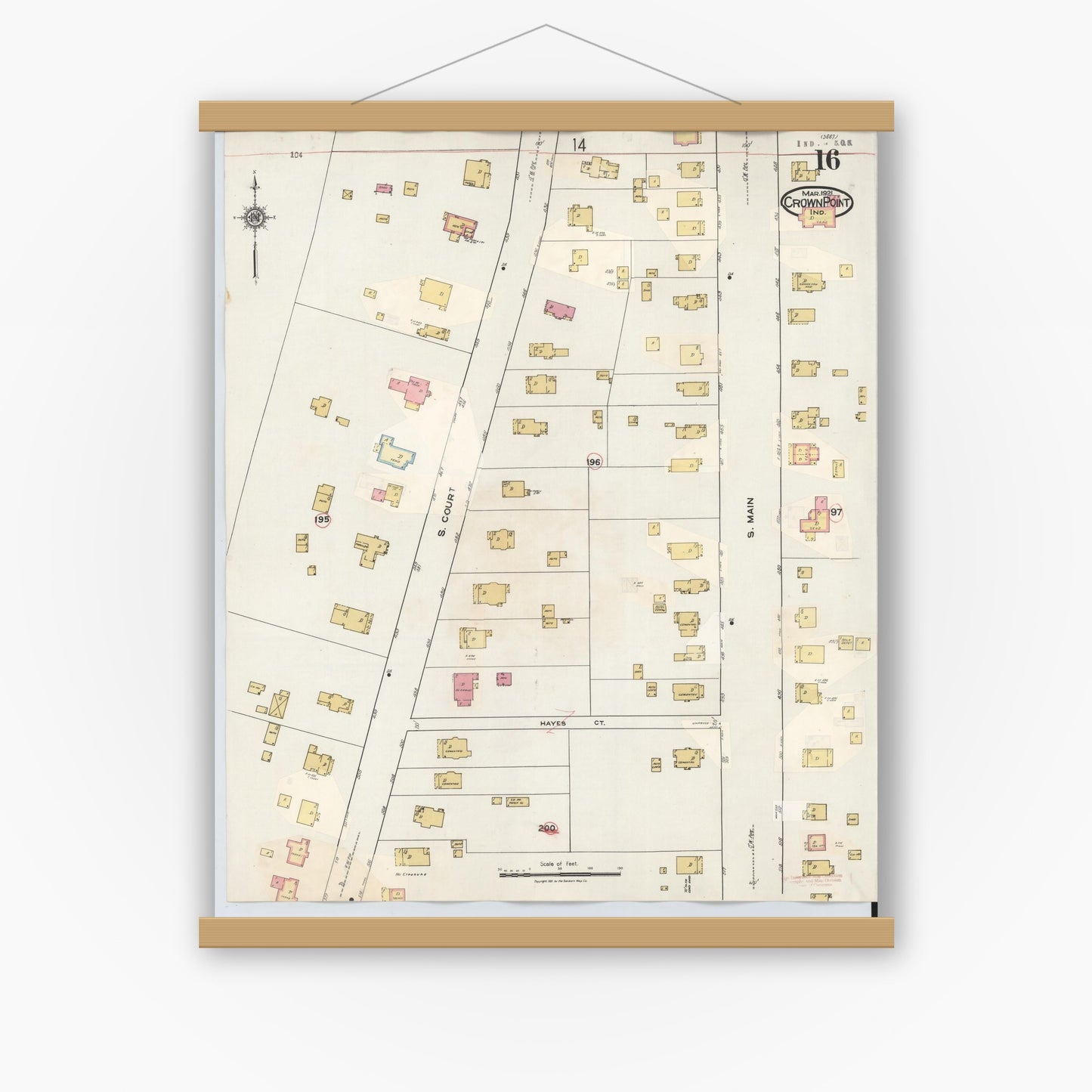 Old map wall art mockup — magnetic wood frame on white wall — Sanborn Fire Insurance Map from Crown Point, Lake County, Indiana (1948), Sheet #0016