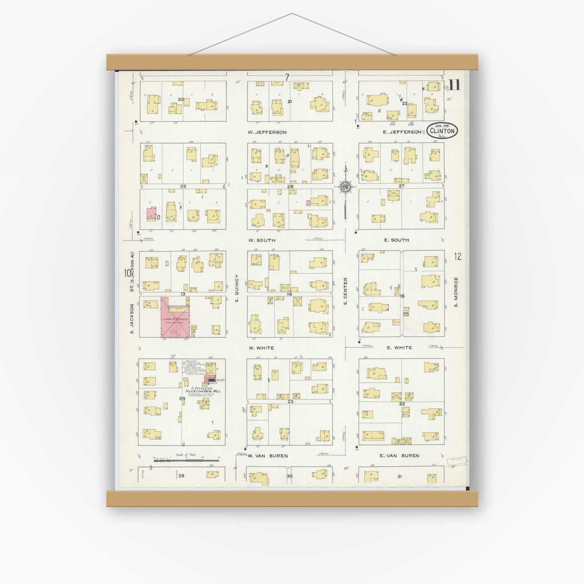Old map wall art mockup — magnetic wood frame on white wall — Sanborn Fire Insurance Map from Clinton, De Witt County, Illinois (1916), Sheet #0011