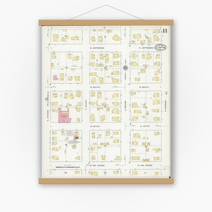 Old map wall art mockup — magnetic wood frame on white wall — Sanborn Fire Insurance Map from Clinton, De Witt County, Illinois (1916), Sheet #0011