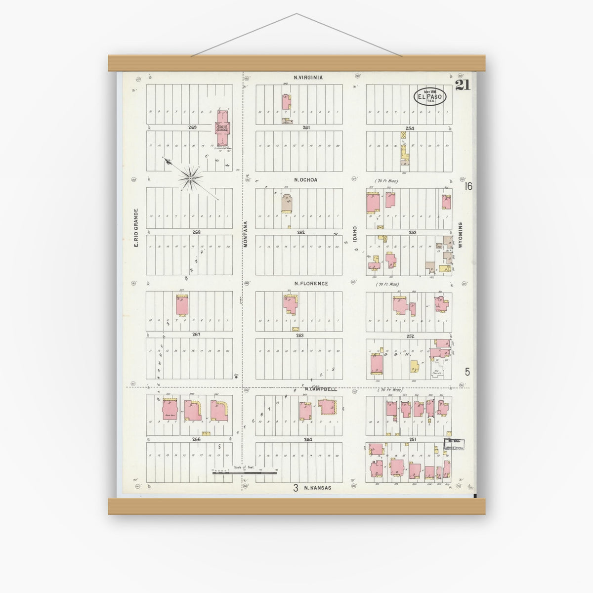 Old map wall art mockup — magnetic wood frame on white wall — Sanborn Fire Insurance Map from El Paso, El Paso County, Texas (1898), Sheet #0021