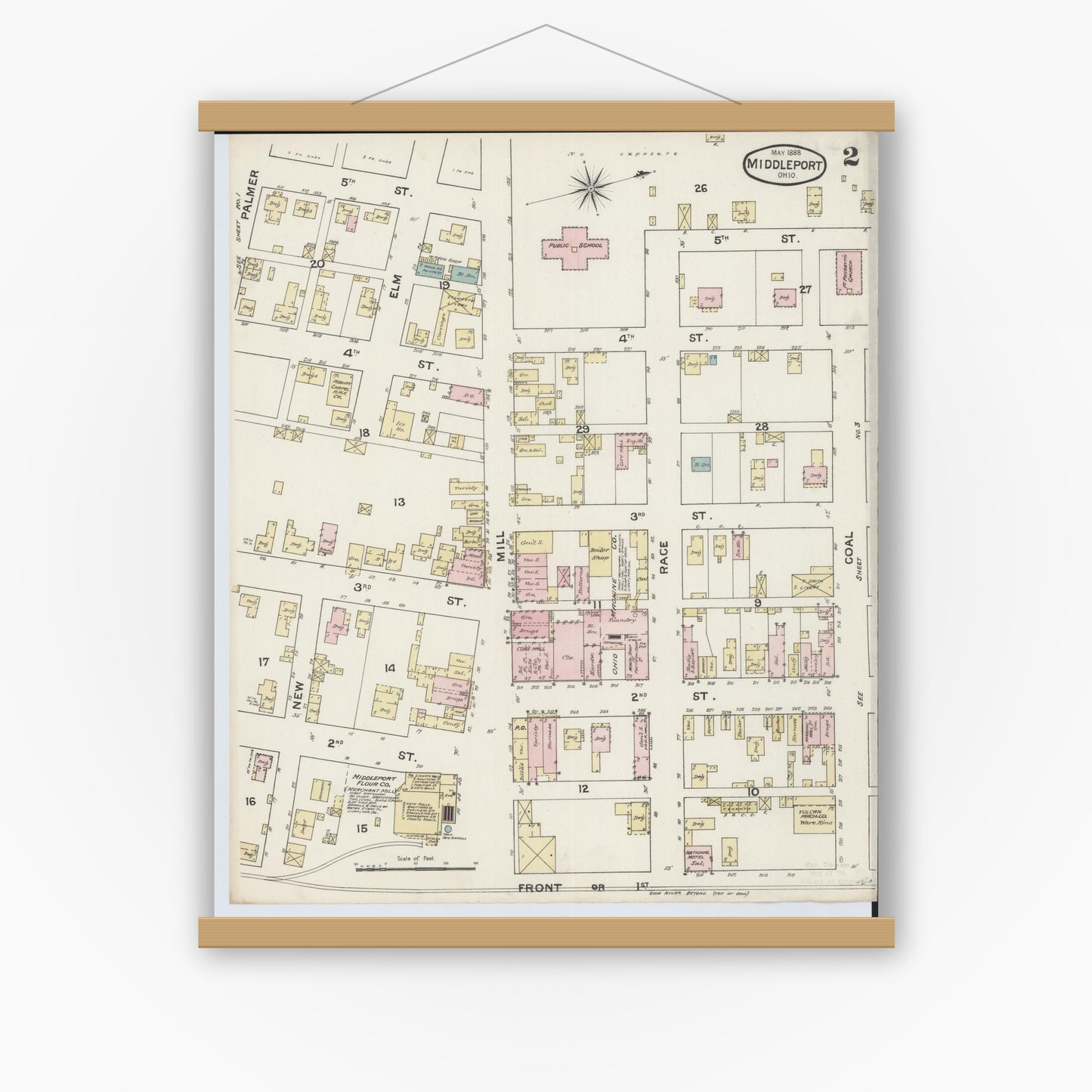 Old map wall art mockup — magnetic wood frame on white wall — Sanborn Fire Insurance Map from Middleport, Meigs County, Ohio (1888), Sheet #0002