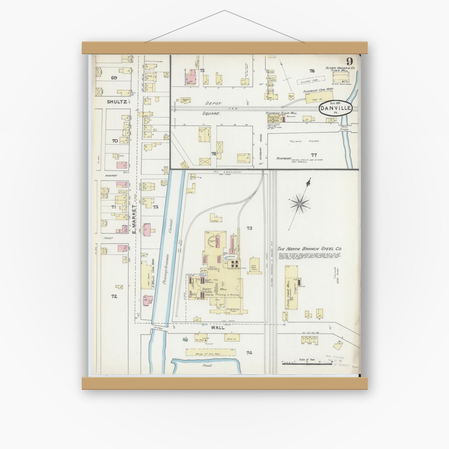 Old map wall art mockup — magnetic wood frame on white wall — Sanborn Fire Insurance Map from Danville, Montour County, Pennsylvania (1891), Sheet #0009