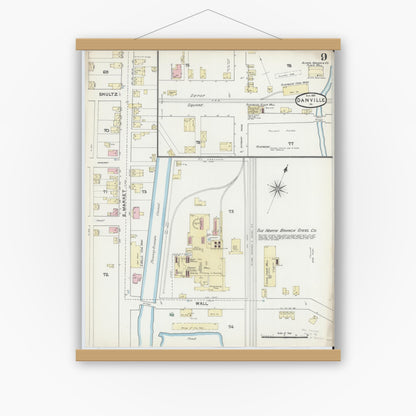Old map wall art mockup — magnetic wood frame on white wall — Sanborn Fire Insurance Map from Danville, Montour County, Pennsylvania (1891), Sheet #0009
