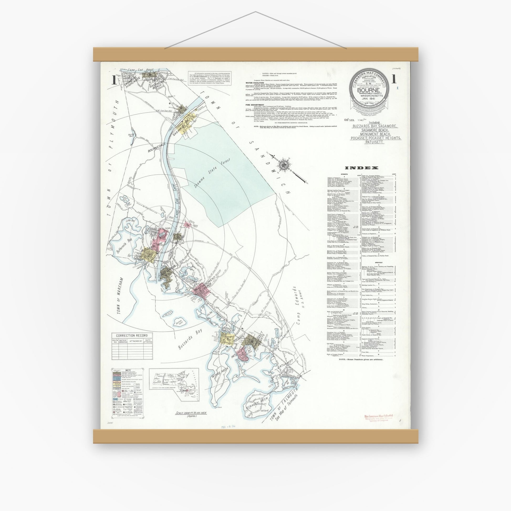 Old map wall art mockup — magnetic wood frame on white wall — Sanborn Fire Insurance Map from Bourne, Barnstable County, Massachusetts (1941), Sheet #0001