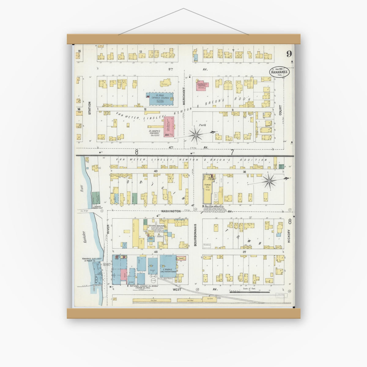Old map wall art mockup — magnetic wood frame on white wall — Sanborn Fire Insurance Map from Kankakee, Kankakee County, Illinois (1901), Sheet #0009