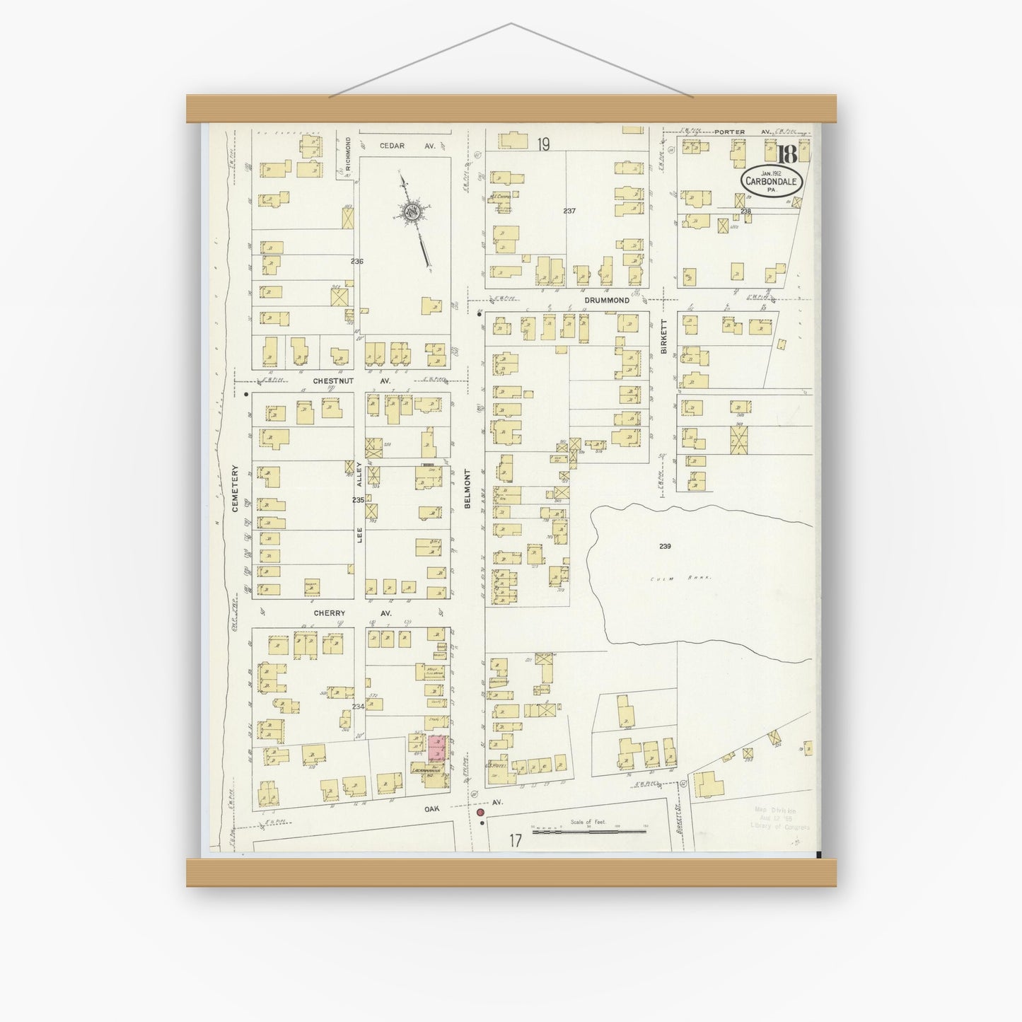 Old map wall art mockup — magnetic wood frame on white wall — Sanborn Fire Insurance Map from Carbondale, Lackawanna County, Pennsylvania (1912), Sheet #0018