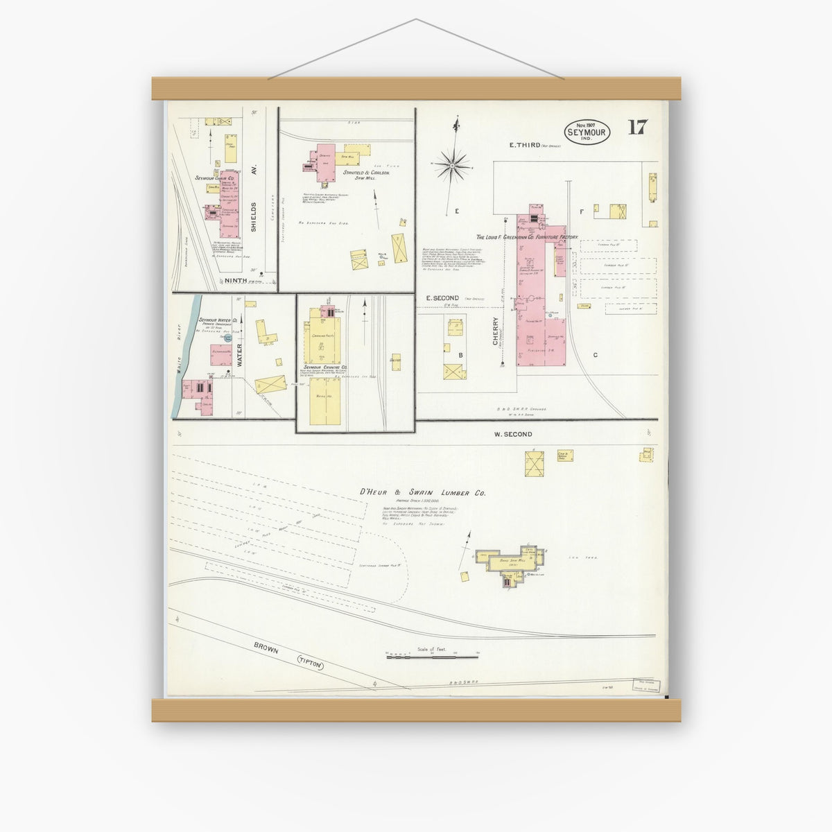 Old map wall art mockup — magnetic wood frame on white wall — Sanborn Fire Insurance Map from Seymour, Jackson County, Indiana (1907), Sheet #0017