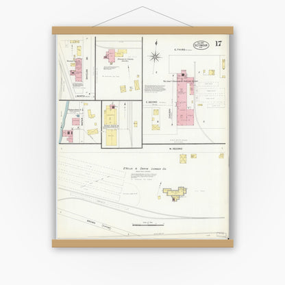 Old map wall art mockup — magnetic wood frame on white wall — Sanborn Fire Insurance Map from Seymour, Jackson County, Indiana (1907), Sheet #0017