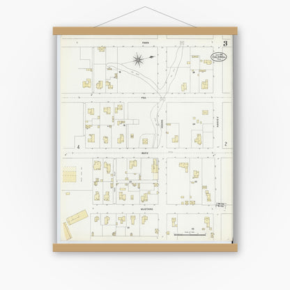 Old map wall art mockup — magnetic wood frame on white wall — Sanborn Fire Insurance Map from Caldwell, Burleson County, Texas (1906), Sheet #0003