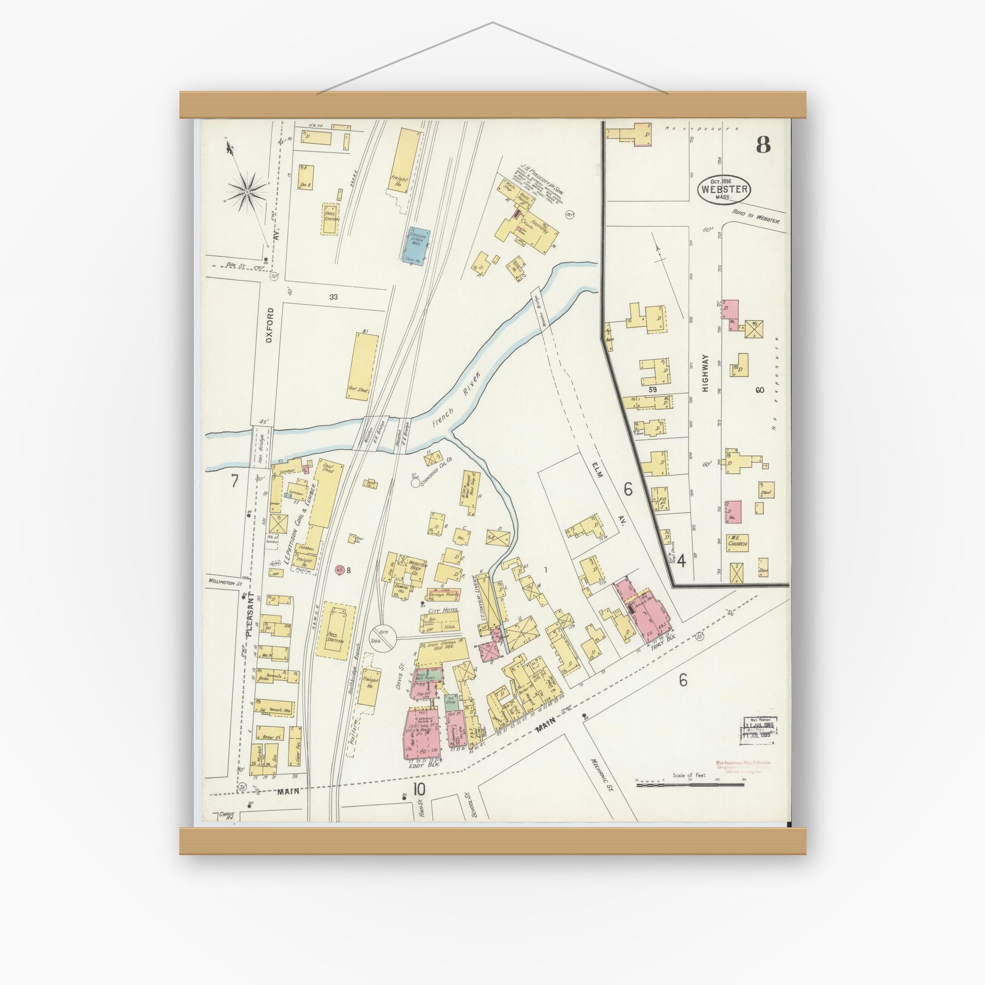 Old map wall art mockup — magnetic wood frame on white wall — Sanborn Fire Insurance Map from Webster, Worcester County, Massachusetts (1898), Sheet #0008