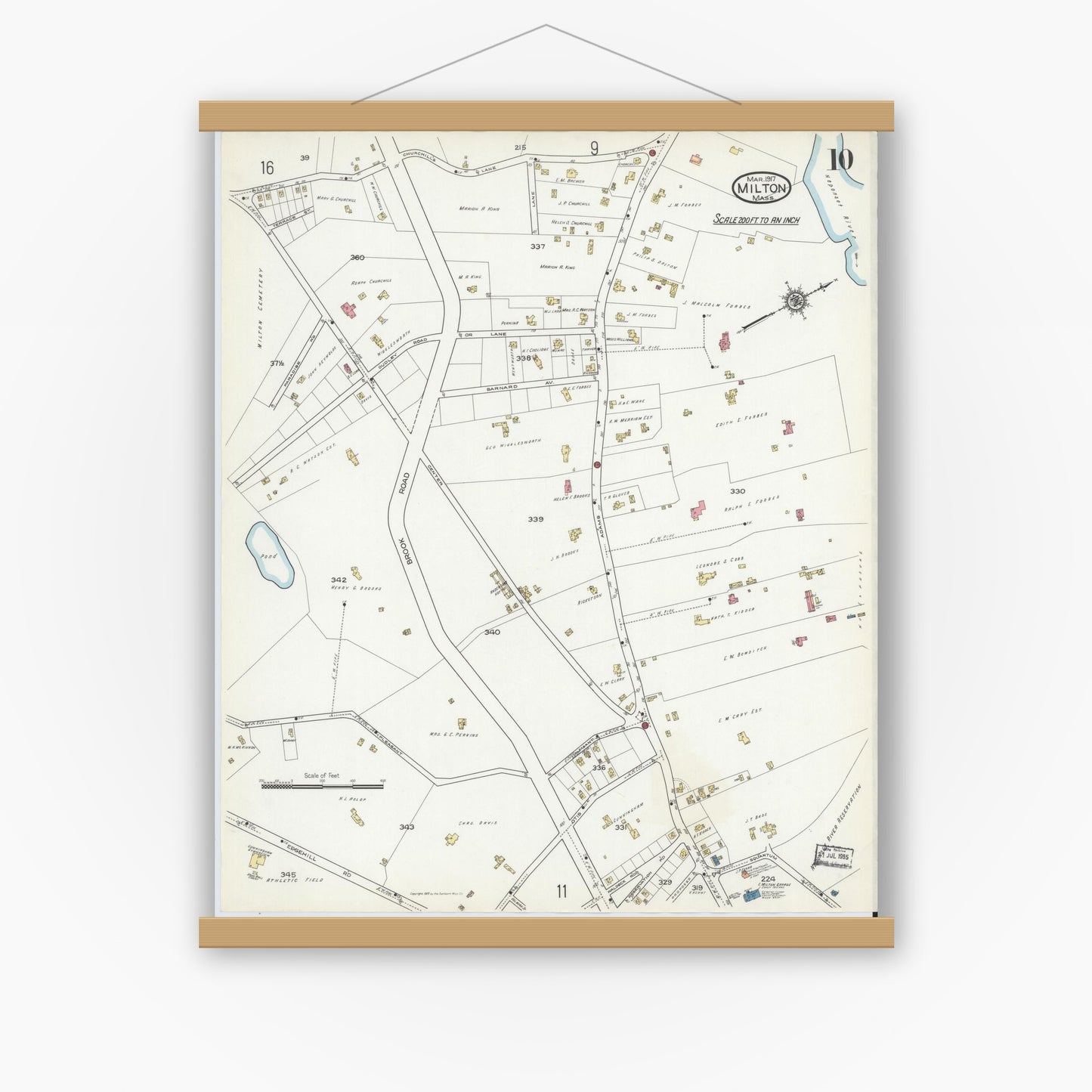Old map wall art mockup — magnetic wood frame on white wall — Sanborn Fire Insurance Map from Milton, Norfolk County, Massachusetts (1917), Sheet #0010