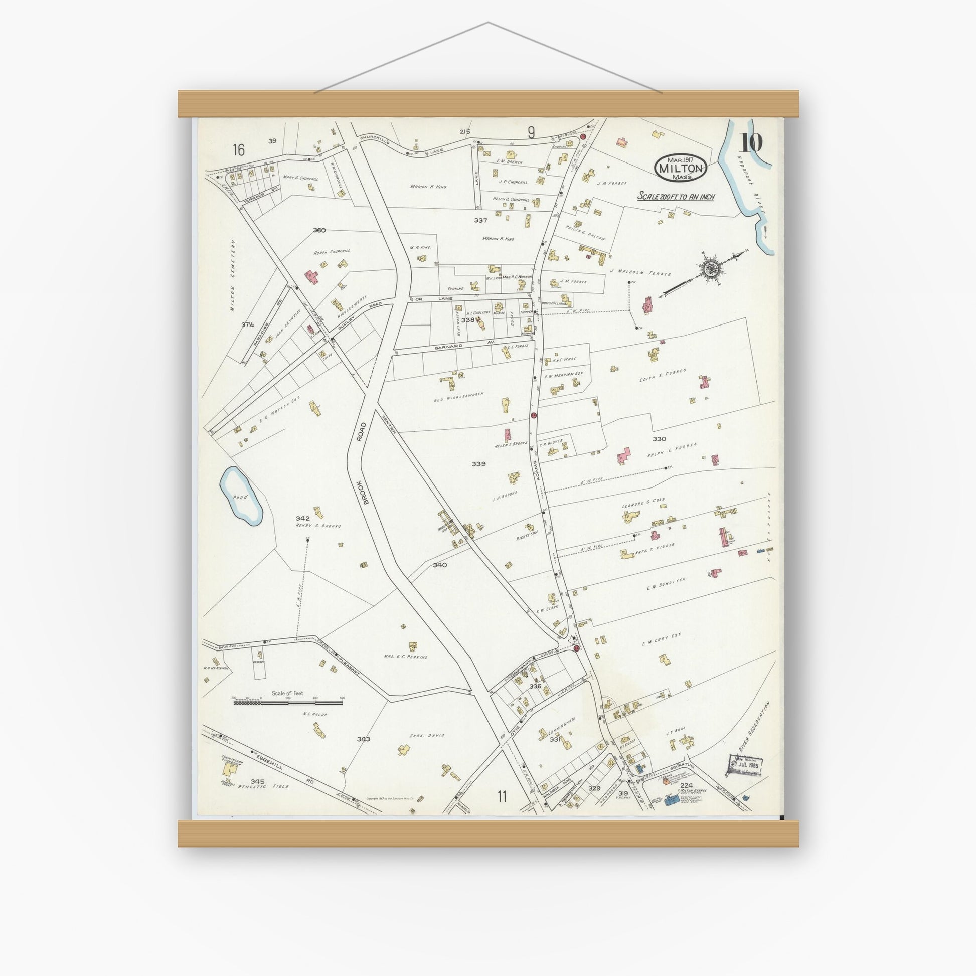 Old map wall art mockup — magnetic wood frame on white wall — Sanborn Fire Insurance Map from Milton, Norfolk County, Massachusetts (1917), Sheet #0010