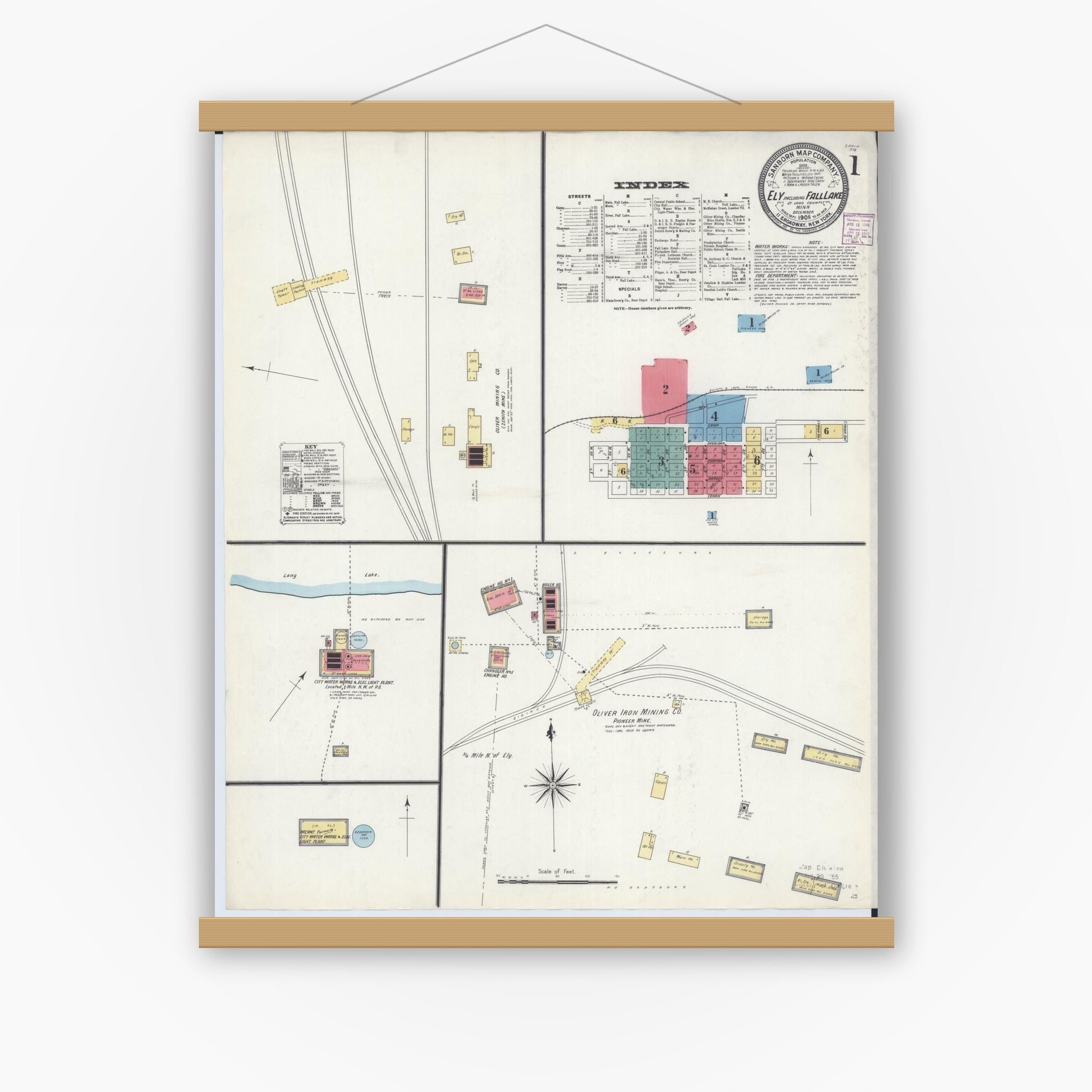 Old map wall art mockup — magnetic wood frame on white wall — Sanborn Fire Insurance Map from Ely, Saint Louis County, Minnesota (1906) - Complete Map Set