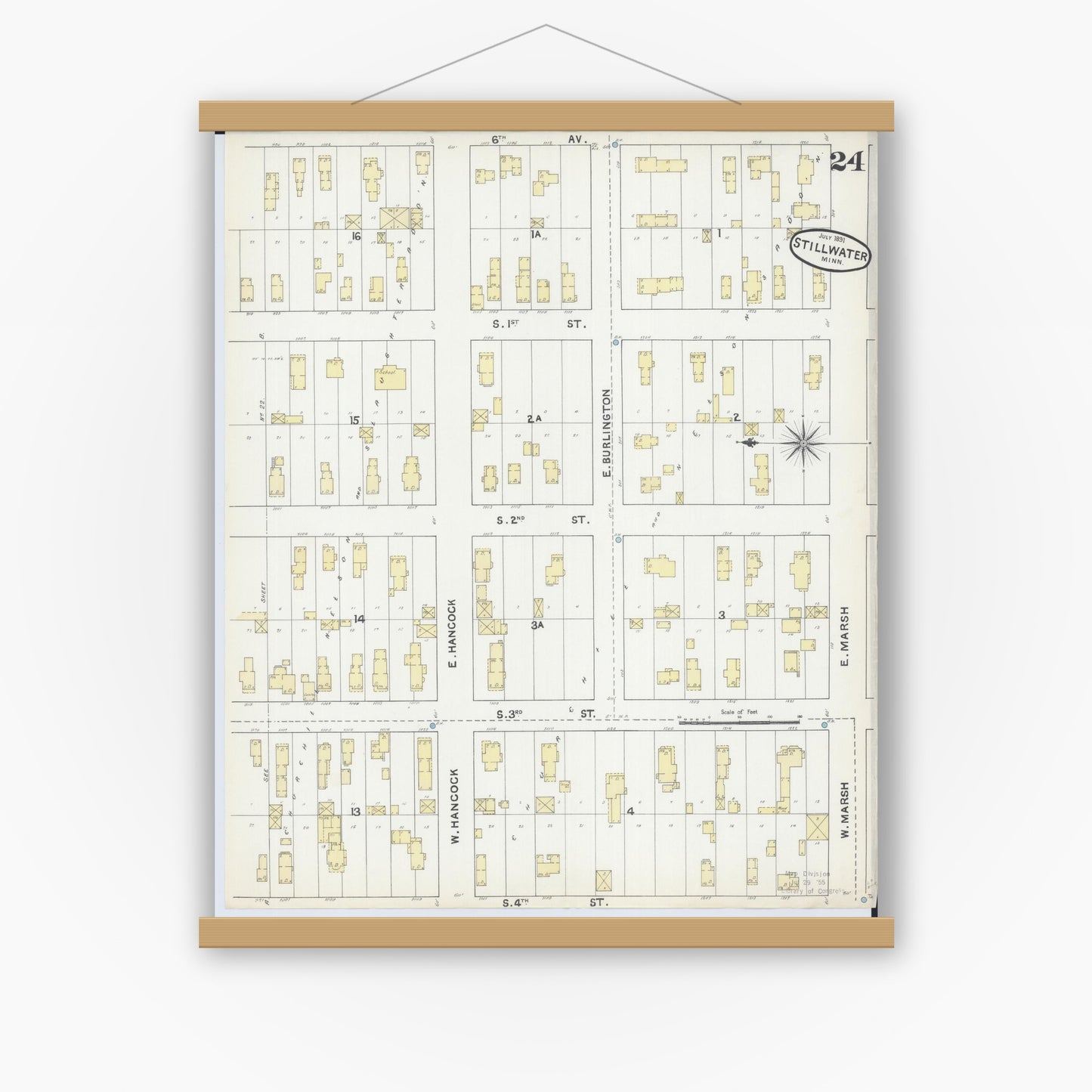 Old map wall art mockup — magnetic wood frame on white wall — Sanborn Fire Insurance Map from Stillwater, Washington County, Minnesota (1891), Sheet #0024