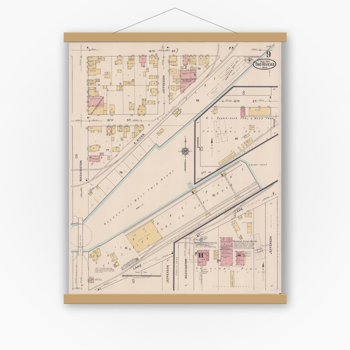 Old map wall art mockup — magnetic wood frame on white wall — Sanborn Fire Insurance Map from Two Rivers, Manitowoc County, Wisconsin (1922), Sheet #0009