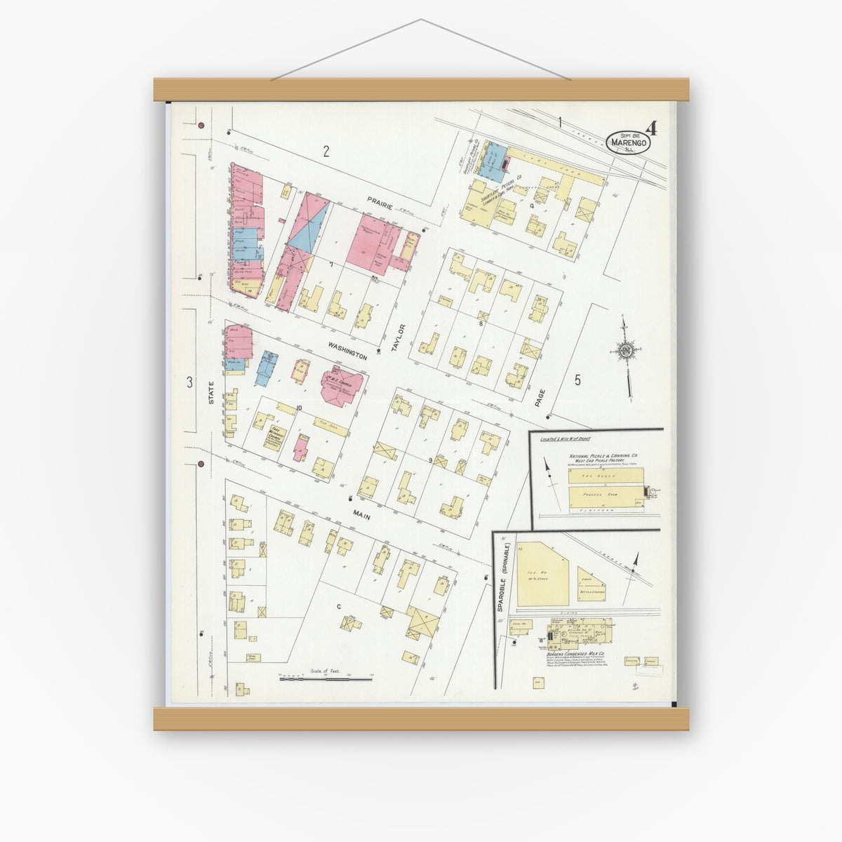 Old map wall art mockup — magnetic wood frame on white wall — Sanborn Fire Insurance Map from Marengo, McHenry County, Illinois (1912), Sheet #0004