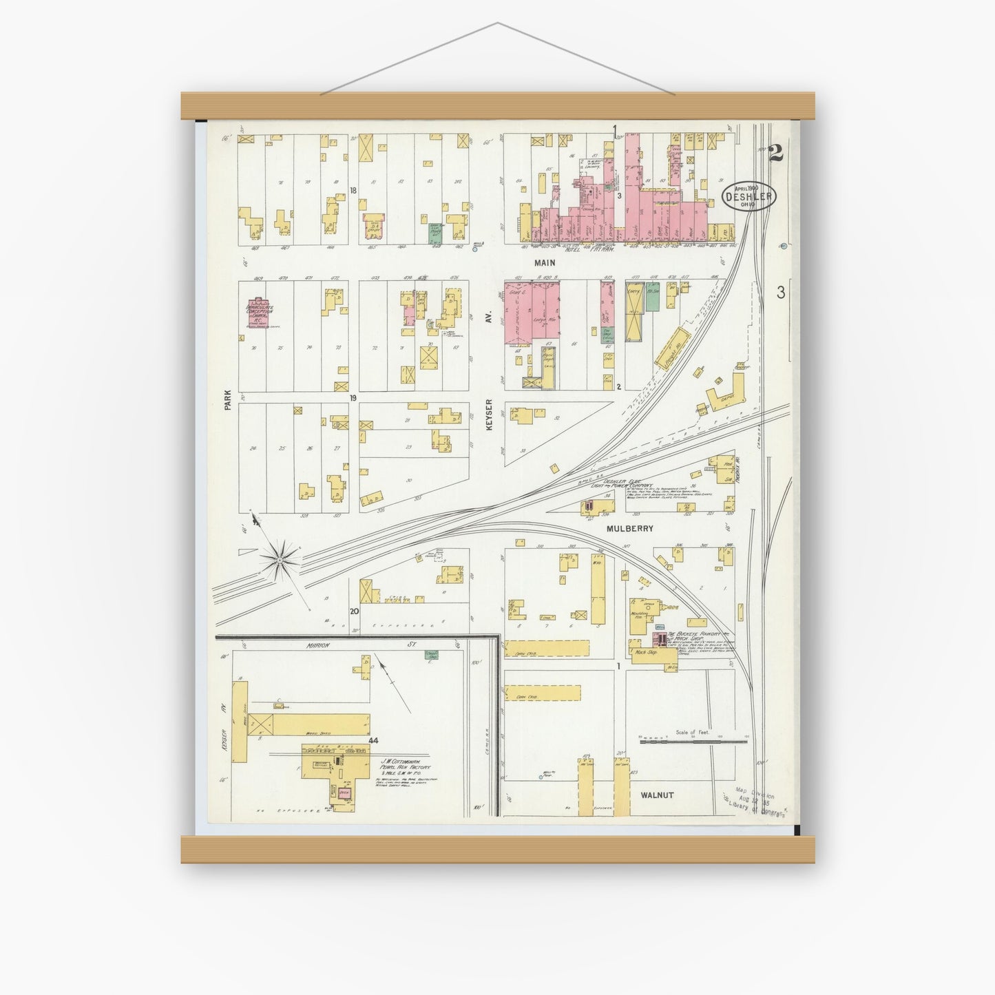 Old map wall art mockup — magnetic wood frame on white wall — Sanborn Fire Insurance Map from Deshler, Henry County, Ohio (1900), Sheet #0002