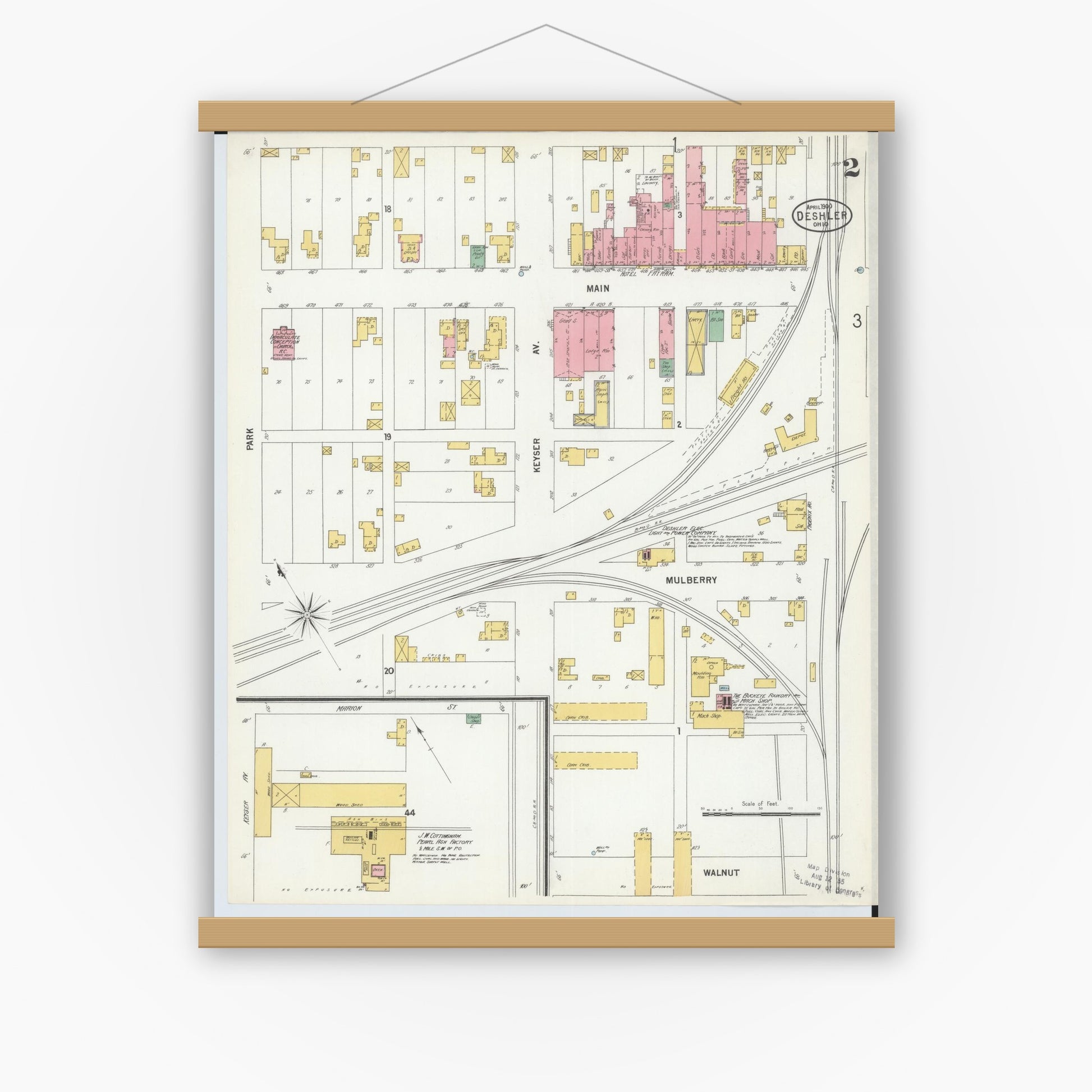 Old map wall art mockup — magnetic wood frame on white wall — Sanborn Fire Insurance Map from Deshler, Henry County, Ohio (1900), Sheet #0002