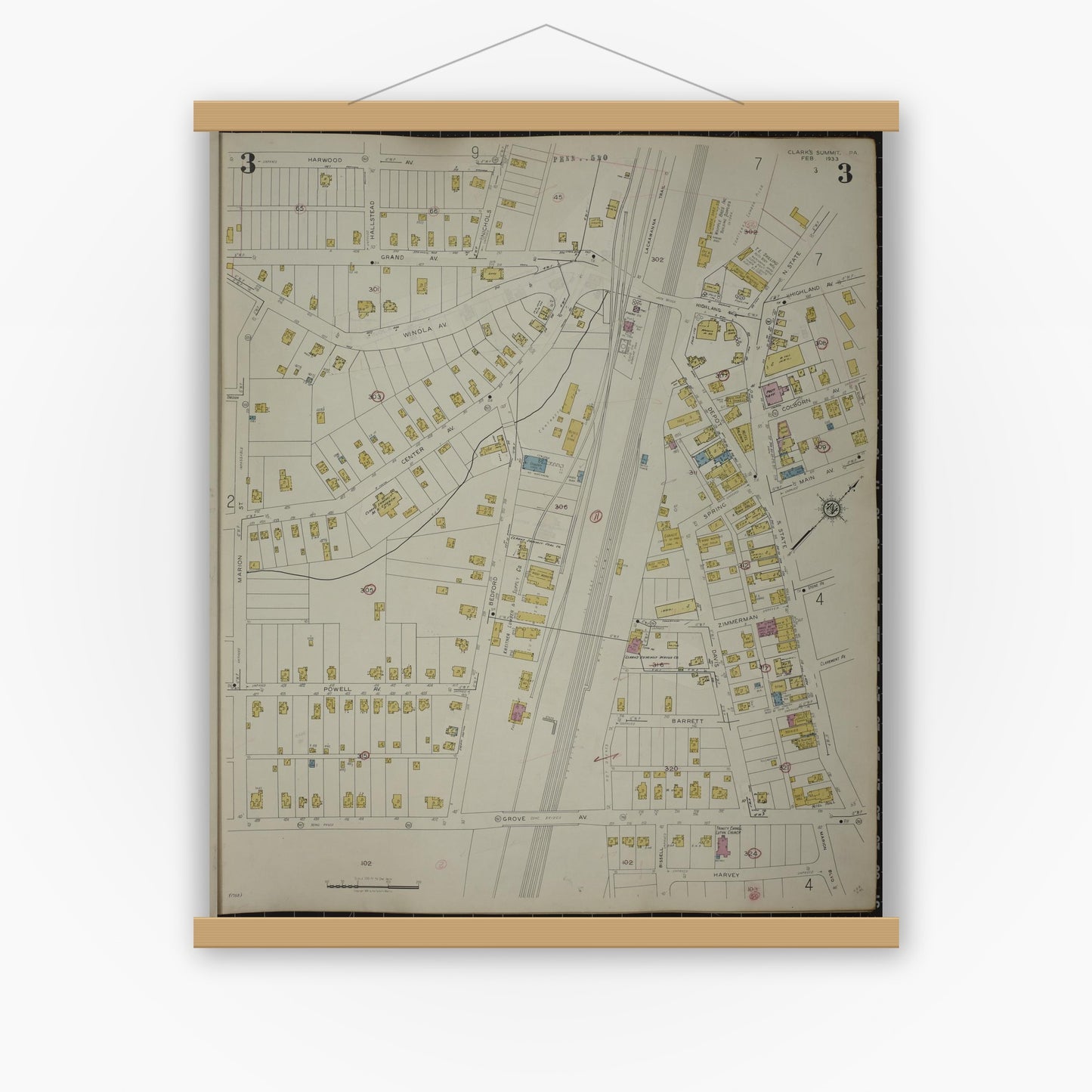 Old map wall art mockup — magnetic wood frame on white wall — Sanborn Fire Insurance Map from Clark's Summit, Lackawanna County, Pennsylvania (1942), Sheet #0003