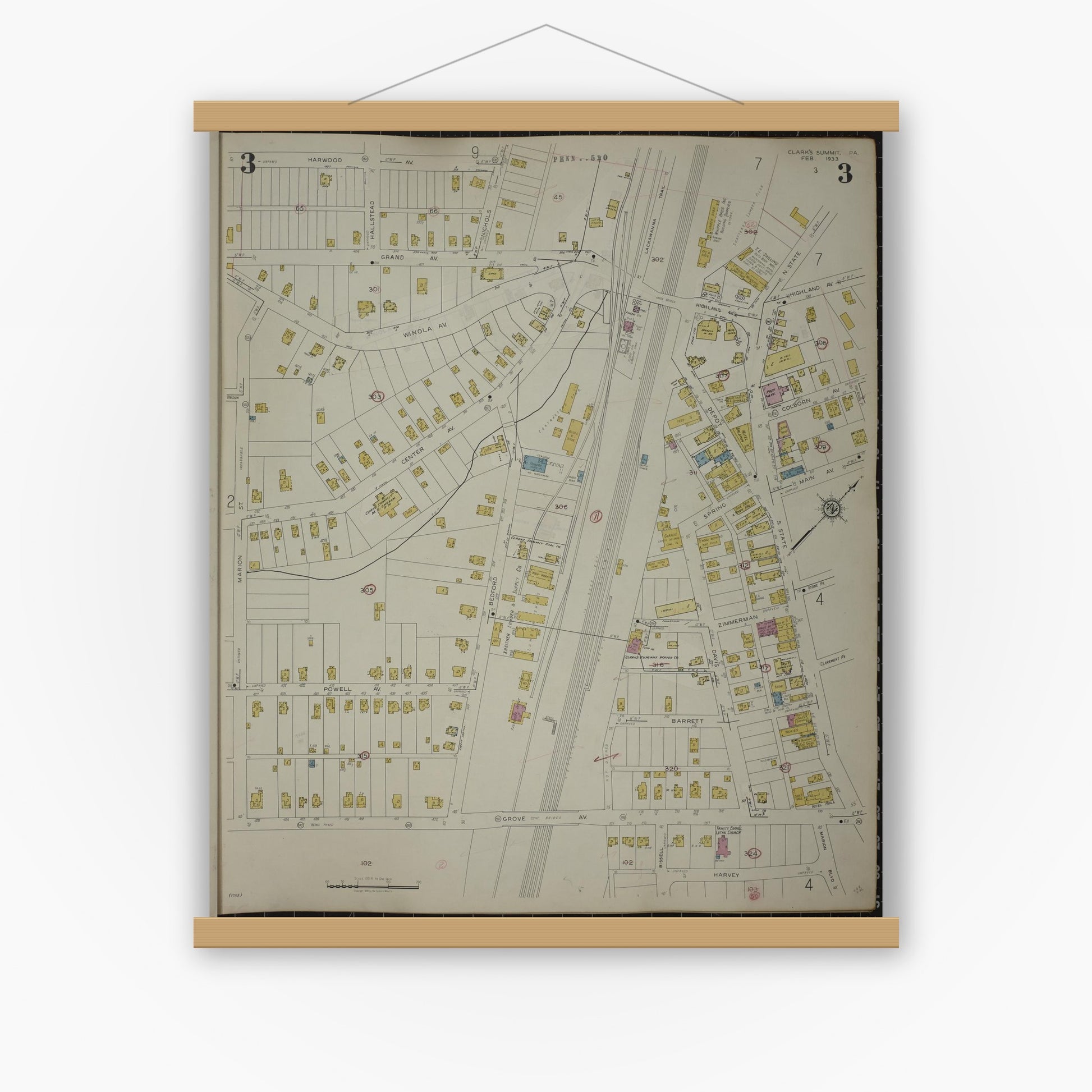 Old map wall art mockup — magnetic wood frame on white wall — Sanborn Fire Insurance Map from Clark's Summit, Lackawanna County, Pennsylvania (1942), Sheet #0003
