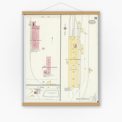 Old map wall art mockup — magnetic wood frame on white wall — Sanborn Fire Insurance Map from Urbana, Champaign County, Ohio (1910), Sheet #0021