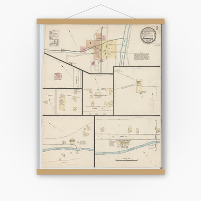 Old map wall art mockup — magnetic wood frame on white wall — Sanborn Fire Insurance Map from Bainbridge, Chenango County, New York (1885), Sheet #0001