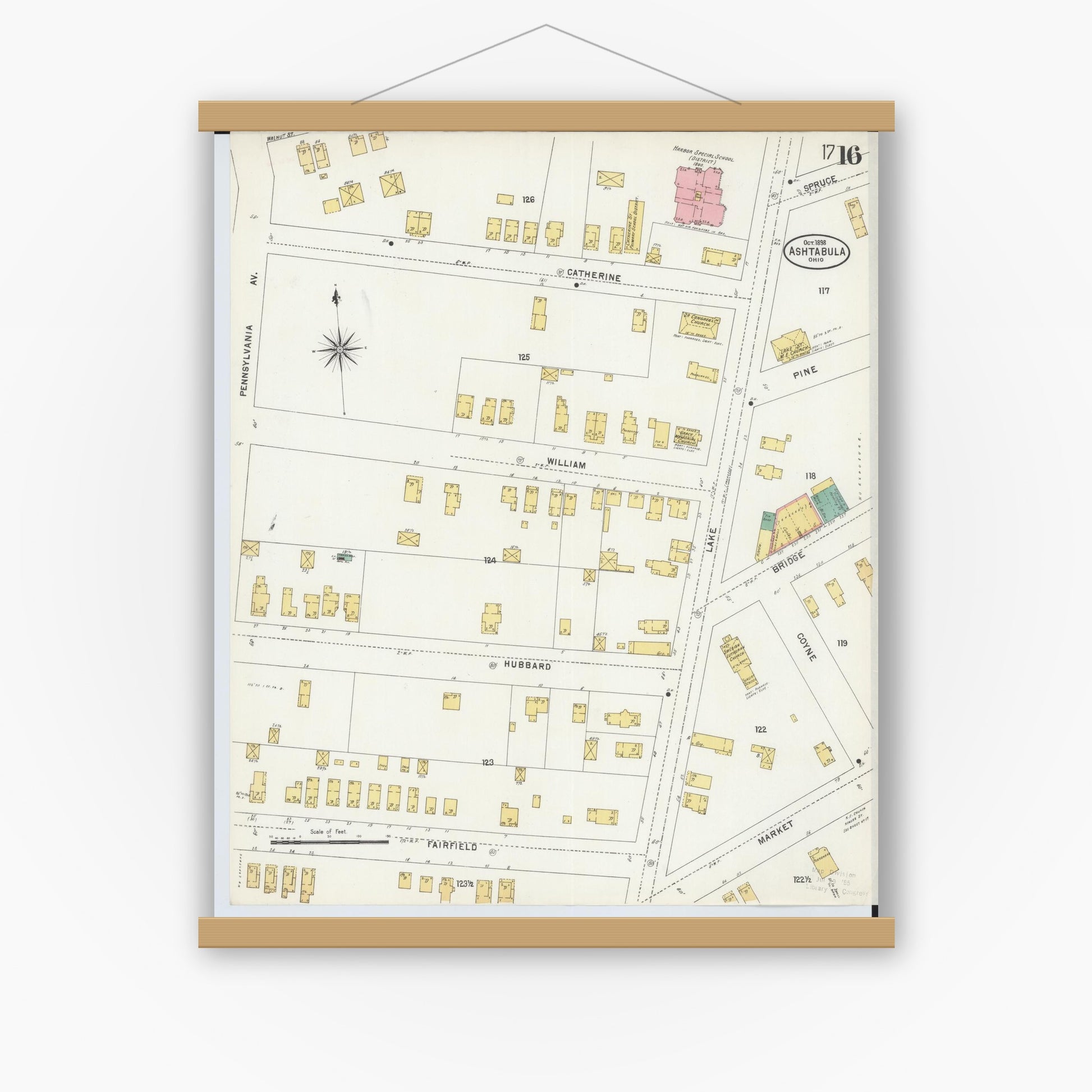 Old map wall art mockup — magnetic wood frame on white wall — Sanborn Fire Insurance Map from Ashtabula, Ashtabula County, Ohio (1898), Sheet #0016