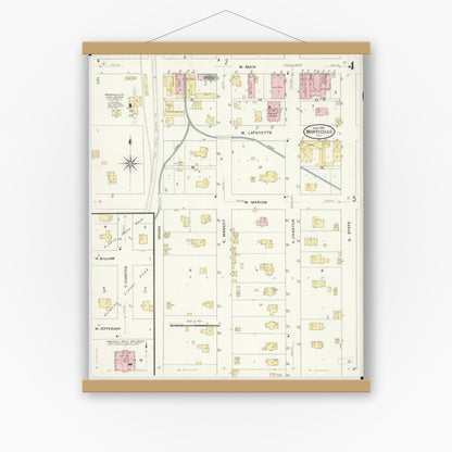 Old map wall art mockup — magnetic wood frame on white wall — Sanborn Fire Insurance Map from Monticello, Piatt County, Illinois (1909), Sheet #0004