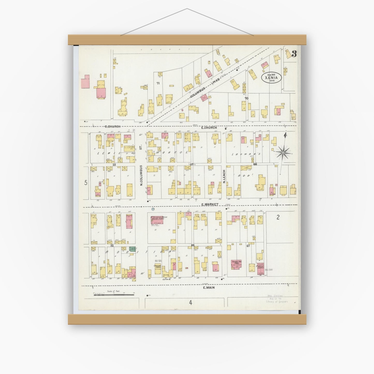 Old map wall art mockup — magnetic wood frame on white wall — Sanborn Fire Insurance Map from Xenia, Greene County, Ohio (1901), Sheet #0003