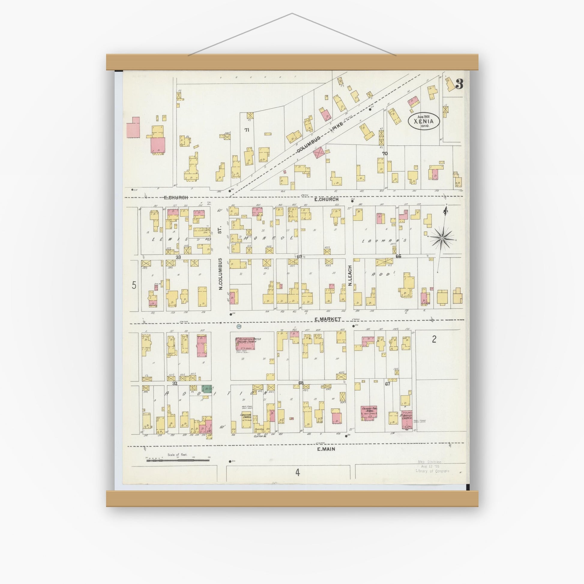 Old map wall art mockup — magnetic wood frame on white wall — Sanborn Fire Insurance Map from Xenia, Greene County, Ohio (1901), Sheet #0003