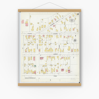 Old map wall art mockup — magnetic wood frame on white wall — Sanborn Fire Insurance Map from Xenia, Greene County, Ohio (1901), Sheet #0003