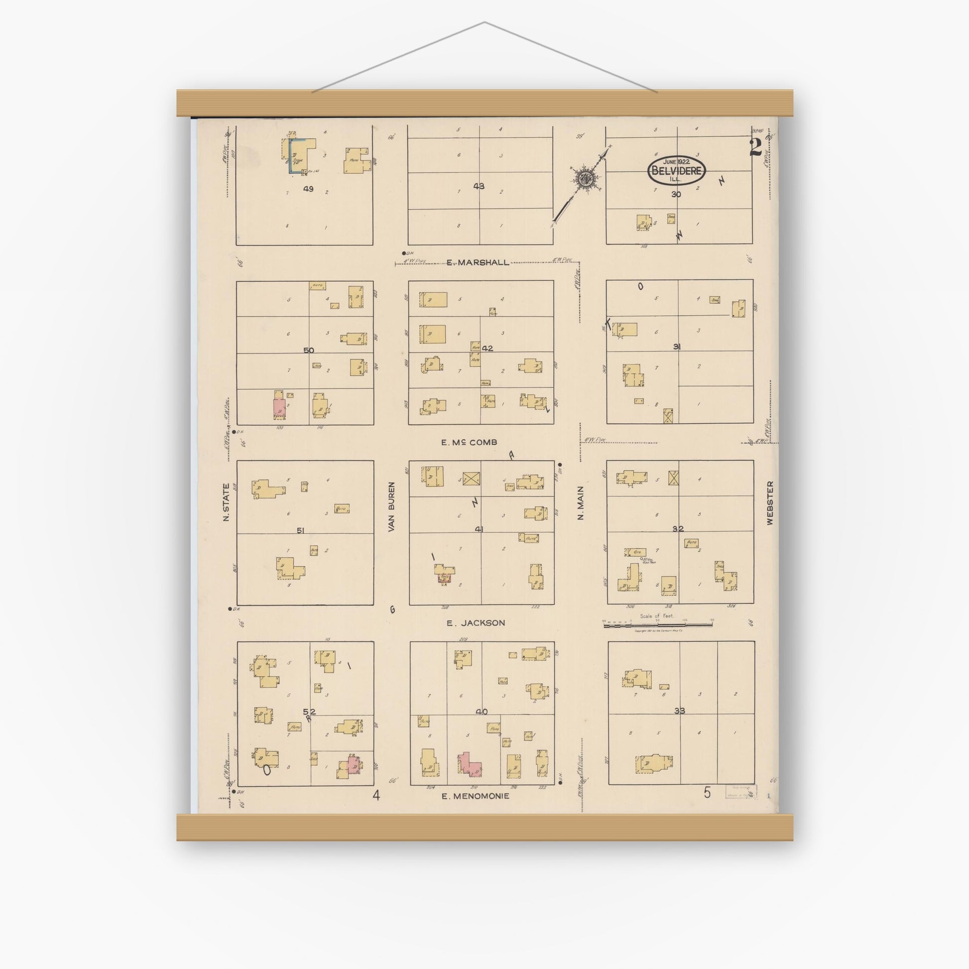 Old map wall art mockup — magnetic wood frame on white wall — Sanborn Fire Insurance Map from Belvidere, Boone County, Illinois (1922), Sheet #0002