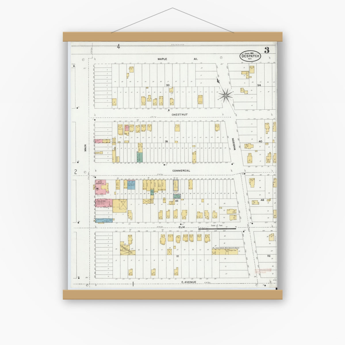 Old map wall art mockup — magnetic wood frame on white wall — Sanborn Fire Insurance Map from Despatch, Monroe County, New York (1906), Sheet #0003