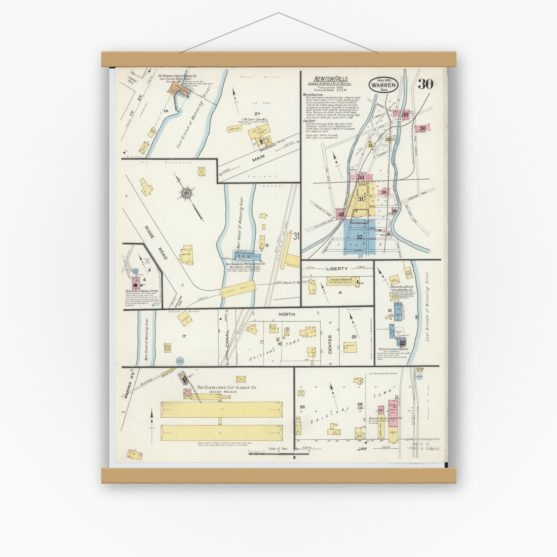 Old map wall art mockup — magnetic wood frame on white wall — Sanborn Fire Insurance Map from Warren, Trumbull County, Ohio (1915), Sheet #0030