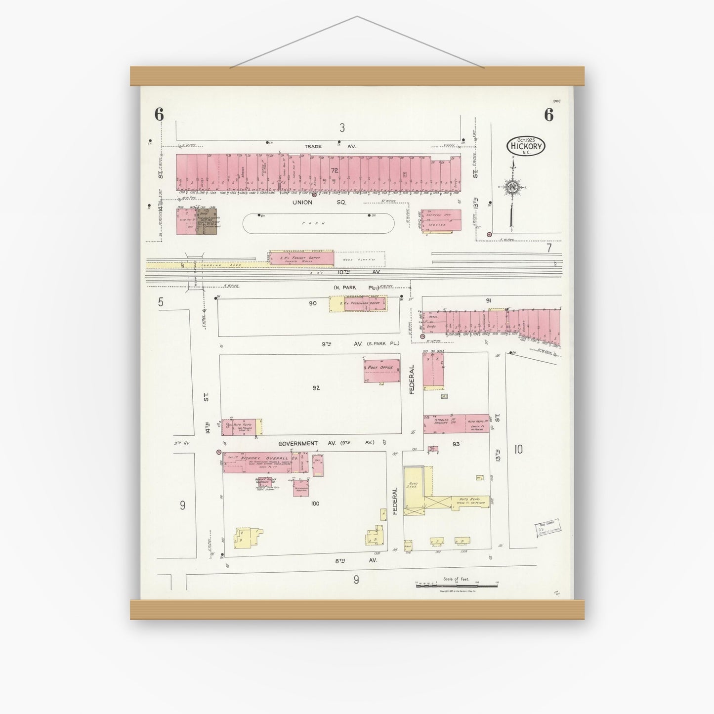 Old map wall art mockup — magnetic wood frame on white wall — Sanborn Fire Insurance Map from Hickory, Catawba County, North Carolina (1925), Sheet #0006